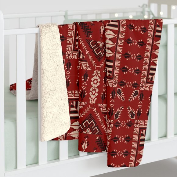 Palestinian Blanket Arab Shemagh Home Decor Cozy Sherpa Fleece Tatreez Blanket - Picture 2 of 4